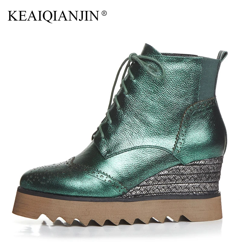 

KEAIQIANJIN Woman Wedges Chelsea Boots Genuine Leather High Heels Green Boots Autumn Winter Silvery Lace Up Martins Botas 2018