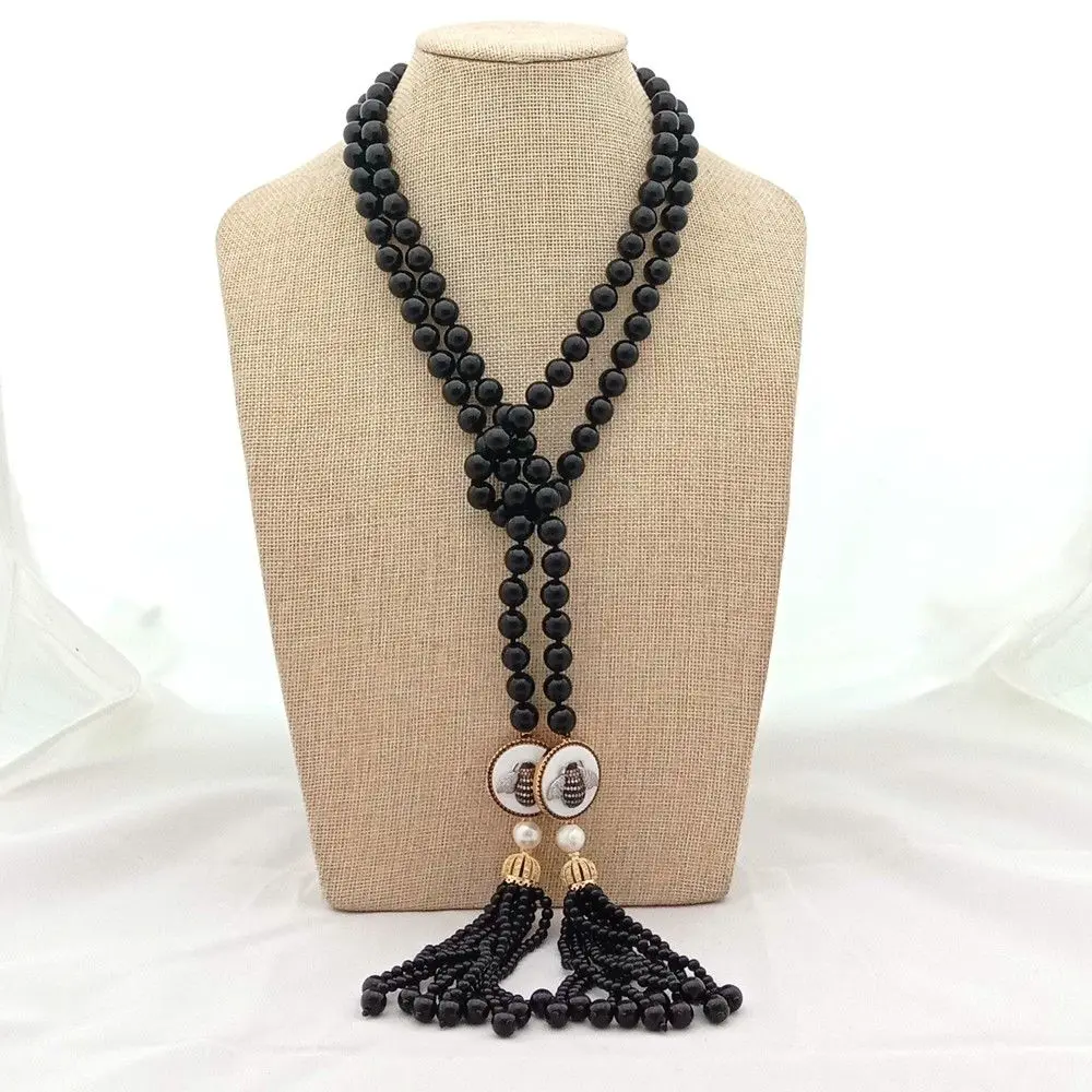 

60"Round Onyx white Pearl Long Necklace Shell Cz Connector