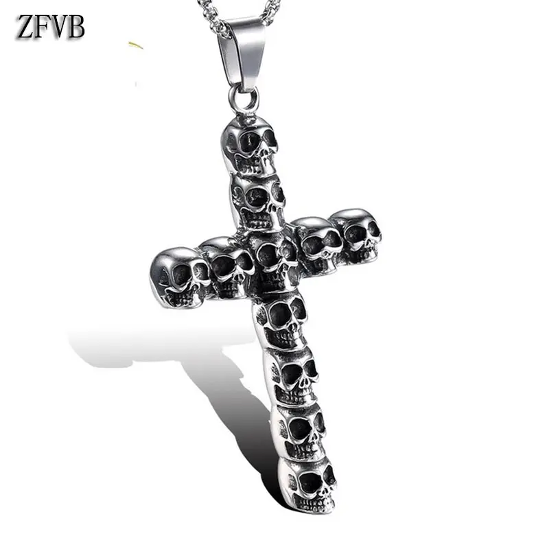 

ZFVB Skeleton Skull Cross Pendants Necklace Mens 316L Stainless steel Punk Necklaces Pendant Halloween Jewelry Bijoux Gift N0129