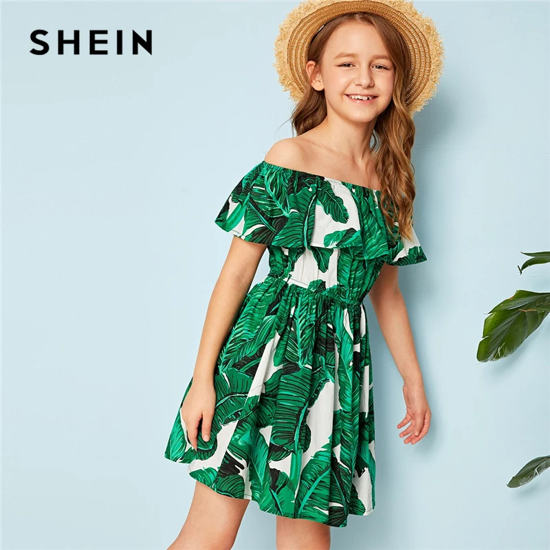 SHEIN Kiddie/красное платье в горошек с рюшами и открытыми плечами для девочек г. летнее расклешенное платье до колена с короткими рукавами для отдыха в стиле бохо