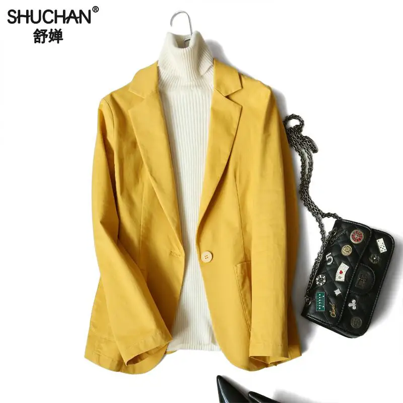 

Shuchan Cotton Women Blazers And Jackets Casual Single Button Yellow Solid Blazer Feminino 2019 New High Quality Outwear X-6007