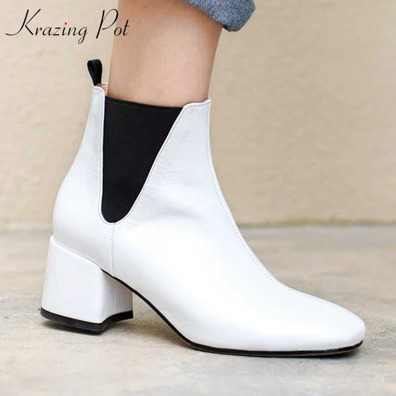 

Krazing Pot genuine leather European simple lazy style superstar personality design med heels winter plus size ankle boots L01