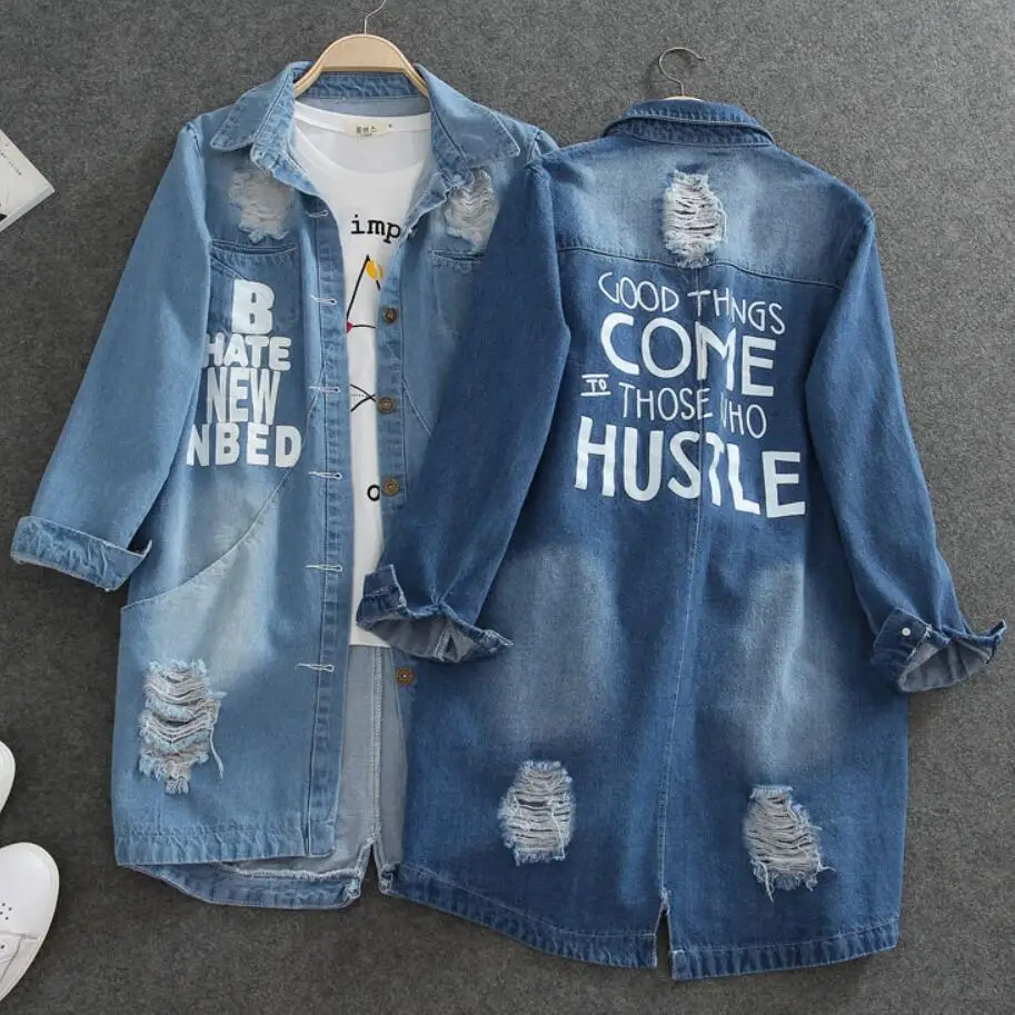 

Plus Size 9XL 2019 Denim Jackets Women Hole Long Sleeve Vintage Jean jacket Denim Loose Spring Autumn Denim Coat Jean