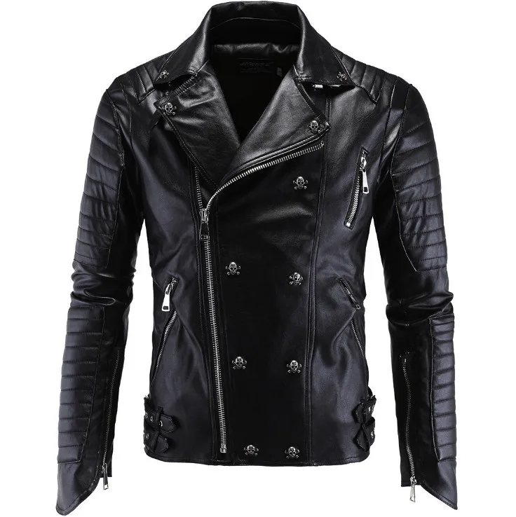 

Men Leather Jacket PU Clothing Boutique Punk Leather Jacket Men New Skull Motorcycle Leather Jacket Multi Zippers Slim Fit M-5XL