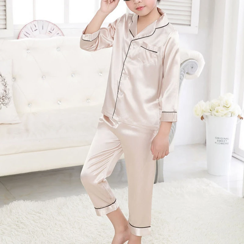 Детские пижамные комплекты для мальчиков и девочек шелковые рубашки с отложным воротником и штаны комплекты из 2 предметов г. повседневная одежда для сна Bebe Pijama Детская домашняя одежда PJ06 - Цвет: Boy Champagne Long