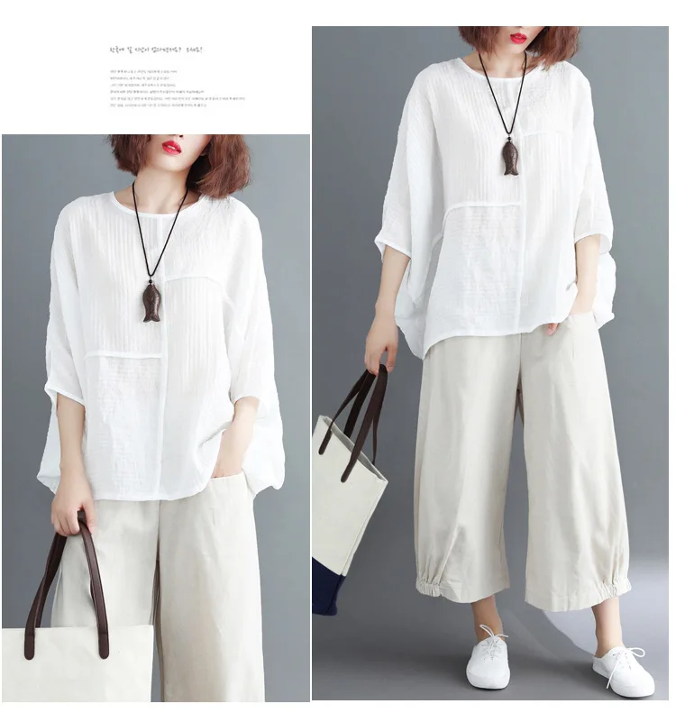 LZJN Summer Women Fashion Shirt Solid White Black Color Oversize Loose Tops Batwing Sleeve Casual Cotton Linen Blouse Plus Size (12)