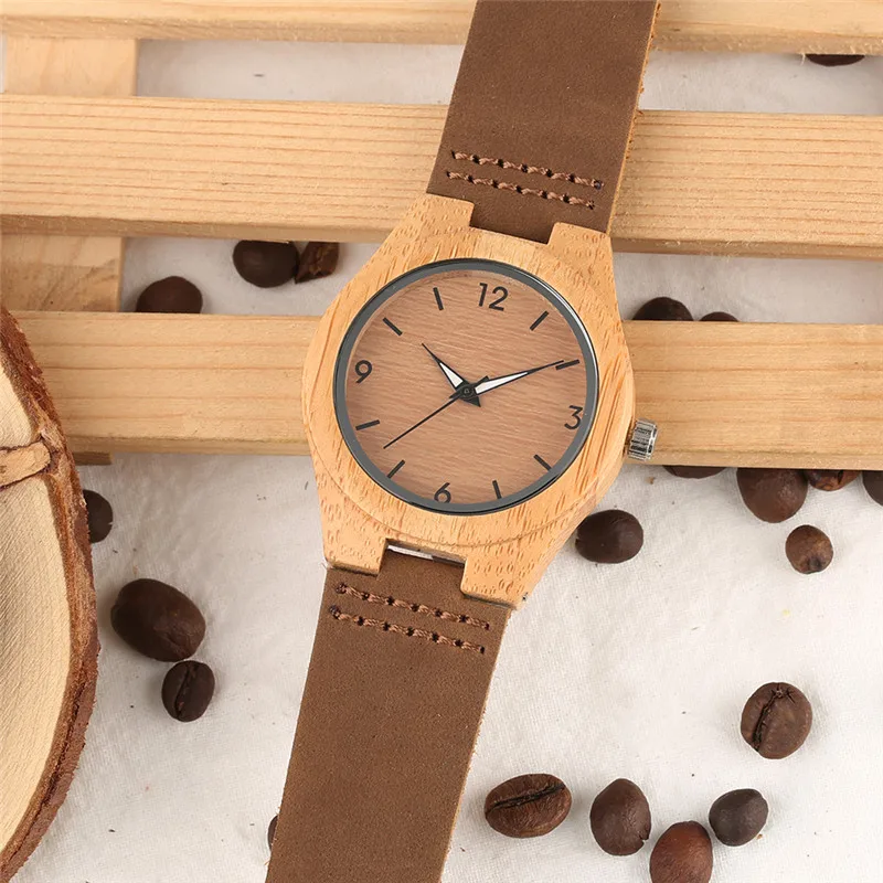 Creative Watches Women Genuine Leather Band Bamboo Case Lady Wrist Watch Wooden Light Yellow Dial Modern Female Clock Xmas Gifts