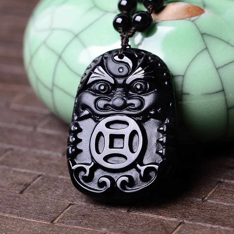 

Wholesale New Fashion Natural Black Obsidian PiXiu Coin Pendant Women Men's Amulet Lucky Jewelry Pendants+Free Beads Necklace