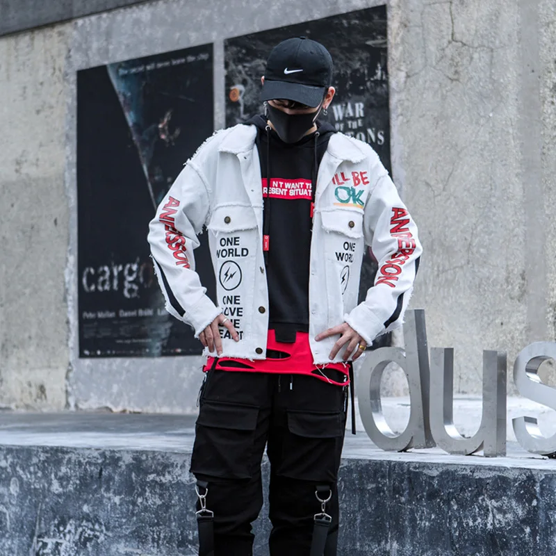 Male Casual Coat Outerwear Couple Shirts Letter Printing Jacket Men Streetwear Hip Hop Casual White Denim Jacket