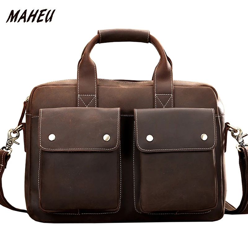 

Crazy Horse Genuine Leather Laptop Bag Men Maletin Portatil 15.6 Inch Briefcases Durable Work Tote Male Office Business Bag