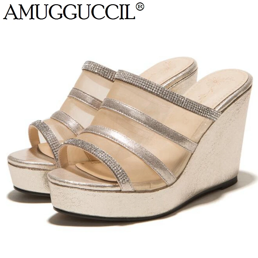 

2019 New Plus Big Size 32-43 Black Orange White Crystal Fashion Sexy High heel Platform Summer Women Wedges Sandal Slipper L1142