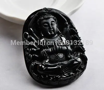 

00227 black emerald jadeite kwan yin arms thousand hands lotus necklace pendant jade