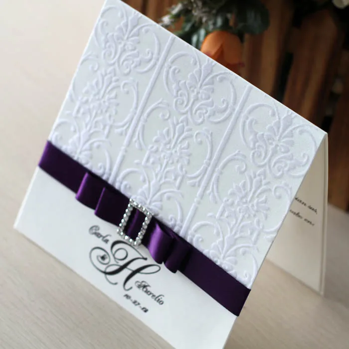 white venus flocked bi fold wedding invitation card with rectangle