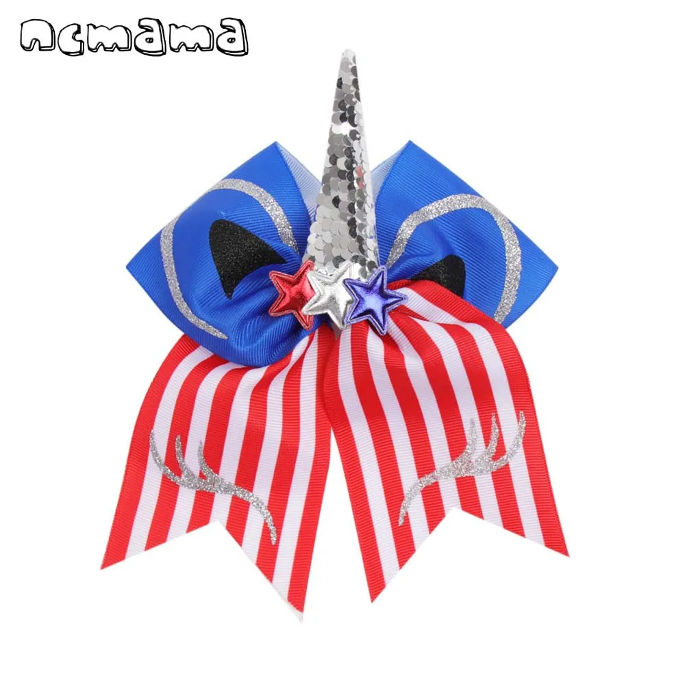 

ncmama Hair Accessories 7" Cute Unicorn Cheer Bows with Clips 4th of July Hair Bows Sequin Horn Party USA Flag Kids Hairgrips