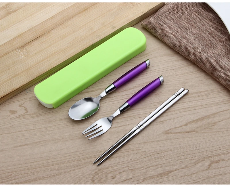 50sets/lot ping 3pcs/set Travel Picnic Portable Cutlery Stainless Steel Tableware Fork spoon chopsticks