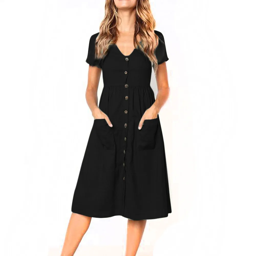 Womens Party Dress Holiday Summer Dress Women Beach Solid short Sleeve Buttons Party Dress