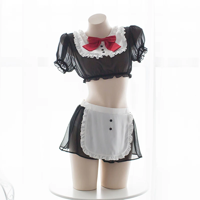 Милый костюм горничной аниме Нижнее Белье Лолита японская школьная форма сетка Babydoll костюмы на Хэллоуин для женщин платье горничной