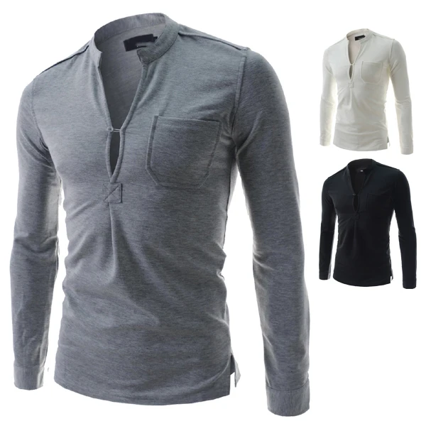 2015 New Design Men Mandarin Collar Long Sleeve T Shirt Mens Slim Fit ...