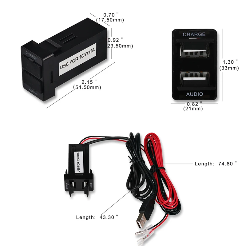 Для toyota usb зарядное устройство адаптер порта интерфейсный кабель аудио разъем 2.1A 12 V-24 V Телефон Dual USB зарядка для автомобиля Тойота авто