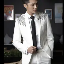 Костюм и Брюки для девочек Горячий Для мужчин блестками костюм белый костюм комплекты торжественное платье певица сценические костюмы жениха дружки платье S-4XL