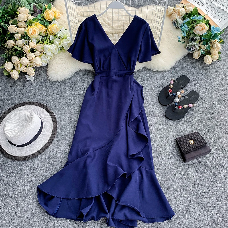 ALPHALMODA летнее плиссированное платье с v-образным вырезом и коротким рукавом, одноцветное платье с высокой талией, женские изящные шифоновые платья - Цвет: Синий