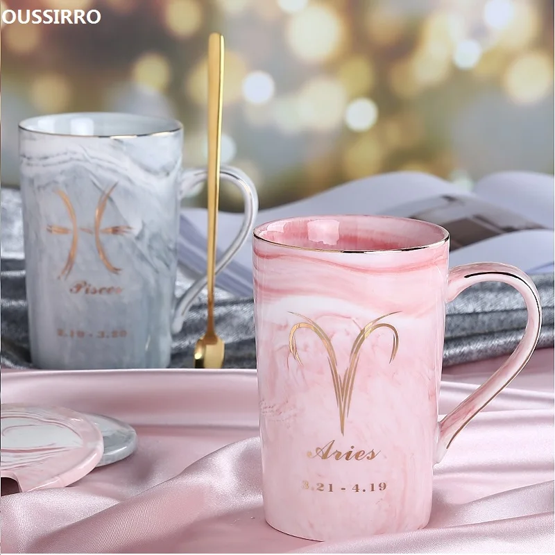 OUSSIRRO натуральный мрамор 12 созвездие керамическая розовая Зодиак кружка с крышкой кофейные кружки творческая личность чашка 400 мл без свинца