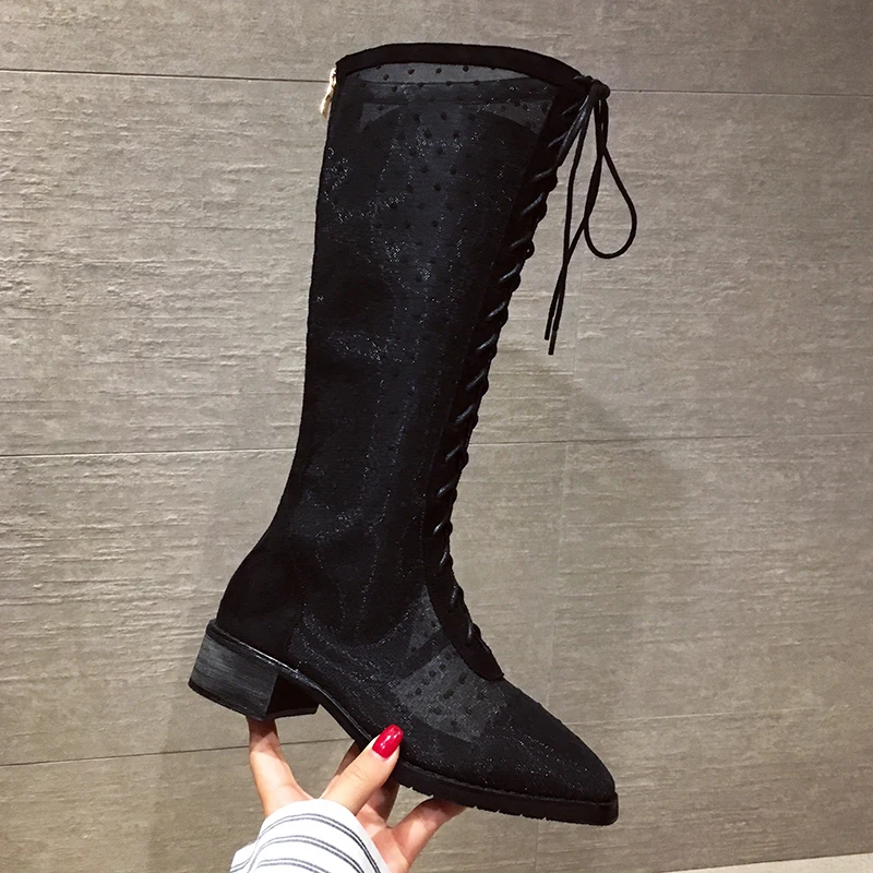 

Sexy mesh strappy Square Toe Bandage Mesh Hollow Out Dots Casual Shoes Women Long Boots Fashion Tide with zipper for summer 2019
