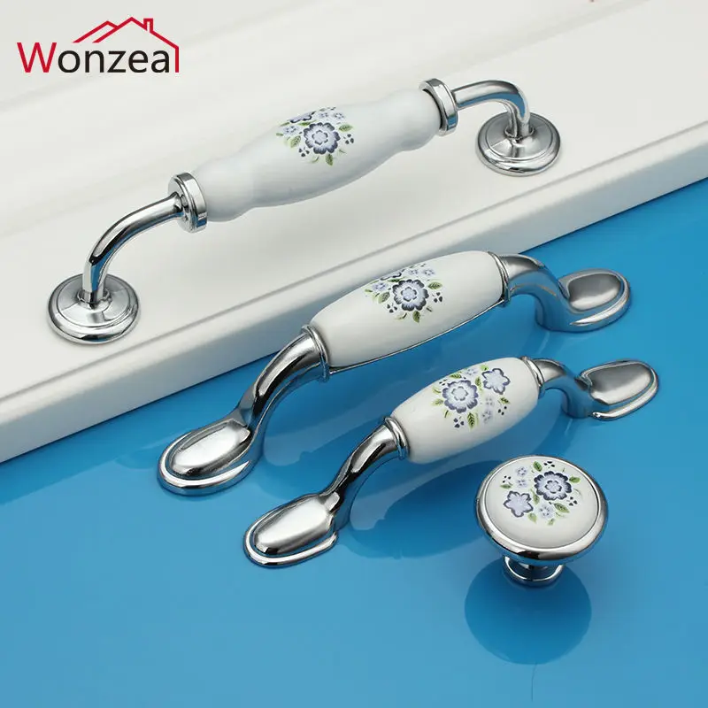 

Silver color Blue flower Ceramic Door Handles European Antique Furniture Drawer handles Kitchen Cabinet knobs pulls