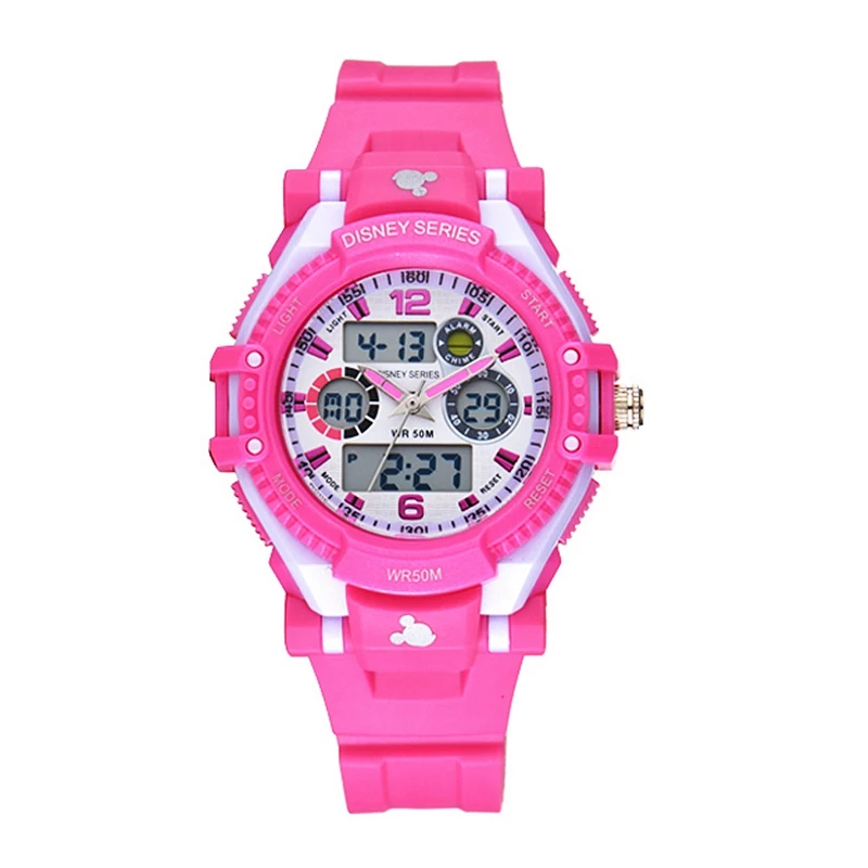 Disney детский спортивный многофункциональные часы для мальчиков и девочек как 5 atm водонепроницаемый резиновый LED круглые часы дети кварц Горячая Микки 55049 - Цвет: Розовый