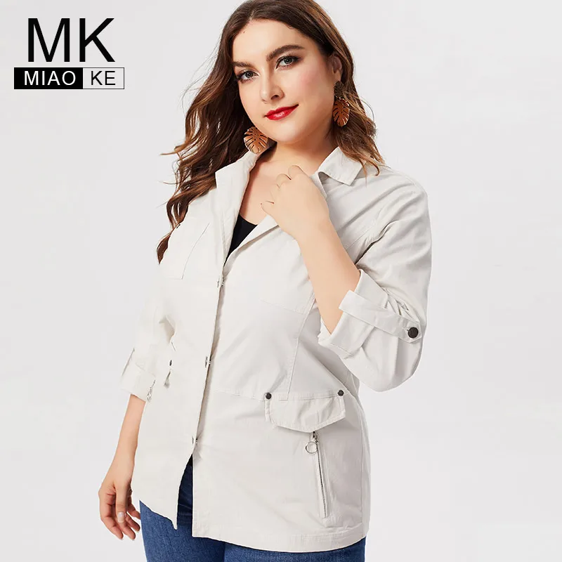 

MK 2019 fall winter Plus Size Womens trench coat fashion ladies cropped jacket elegant mom streetwear windbreaker