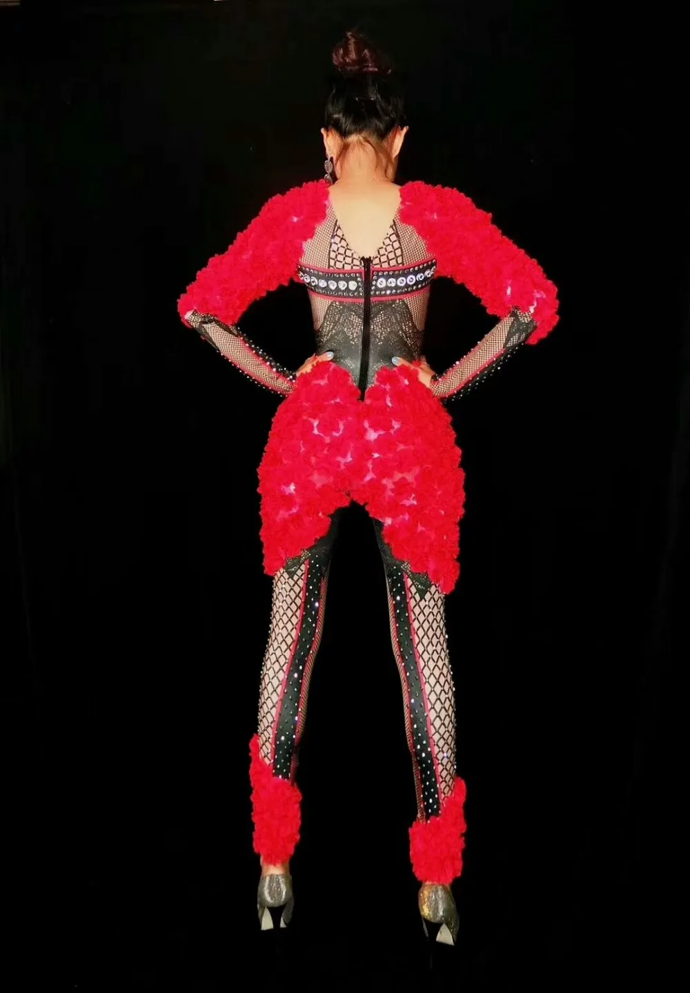 Модные сафлоровое высокая-упругой облегающие длинные комбинезон Стразы боди костюм женский этап певица DS диджей сексуальное платье