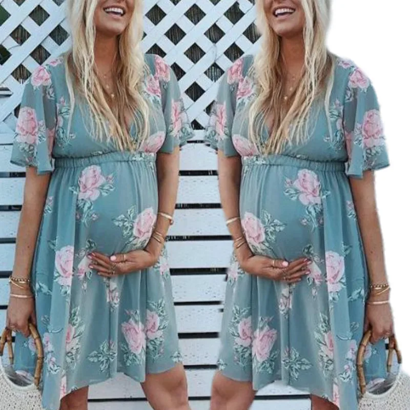 

Sexy Maternity Dress Pregnant Clothes Women's Waist Short Sleeve V-neck Dress Female Summer Dresses Maternity Clothes Infants