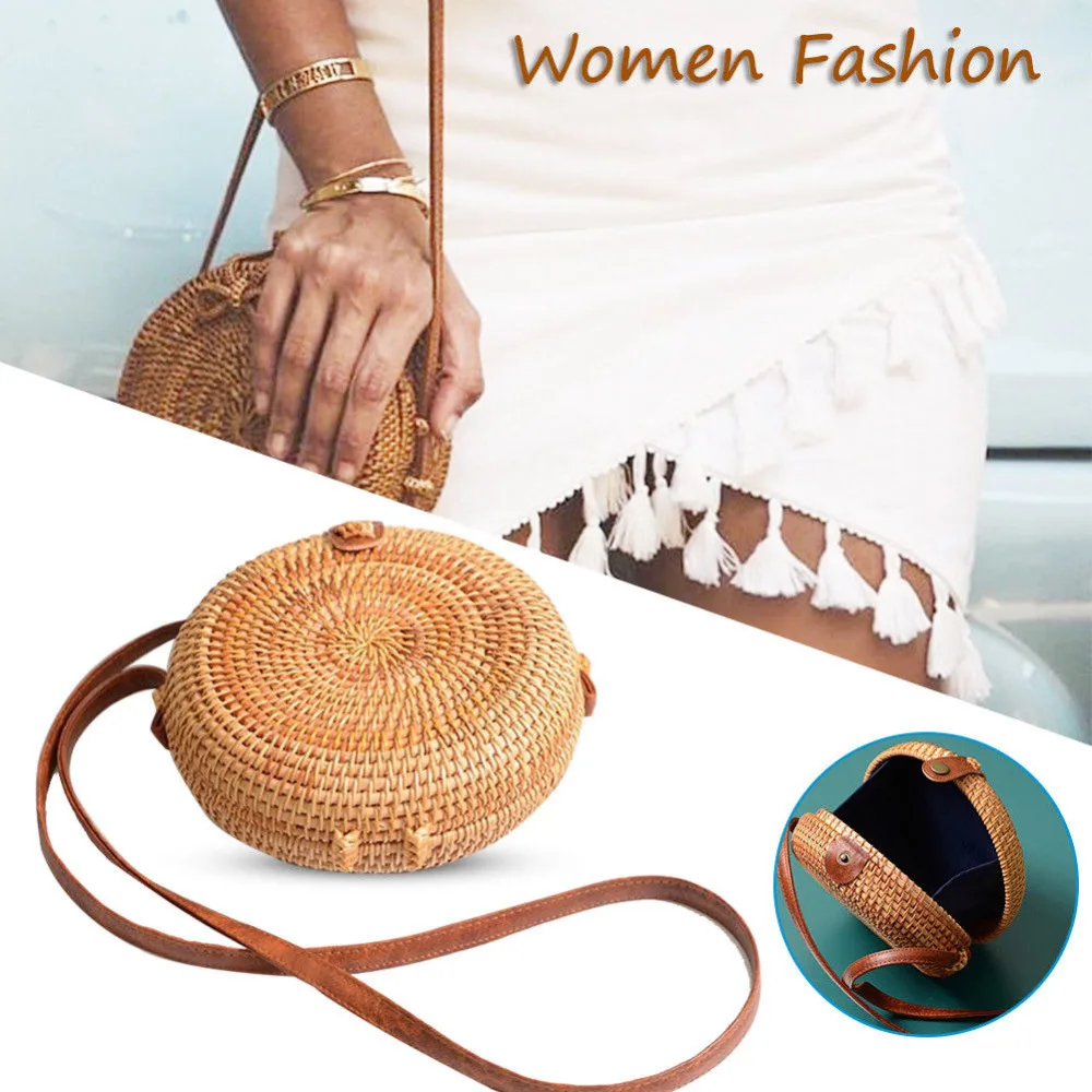 

2018 Bohemian Bali Rattan Bags for Women Circle Beach Handbags Summer Vintage Straw Bag Handmade Plush Bag Drop Shipping