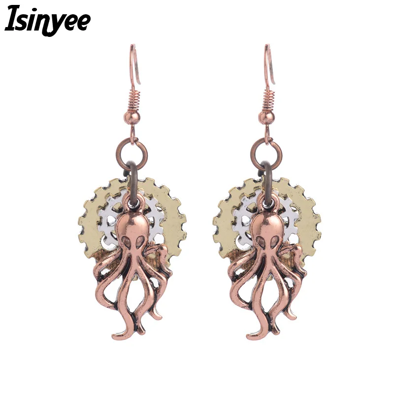 

ISINYEE Fashion Steampunk Gears Octopus Taasel Animal Earrings For Women Vintage Gold Silver Steam Punk Jewelry Wholesale