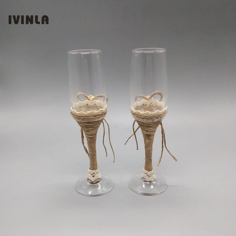 Hot 1 Pair Jute Rustic Wedding Twine Flutes Toasting Burlap