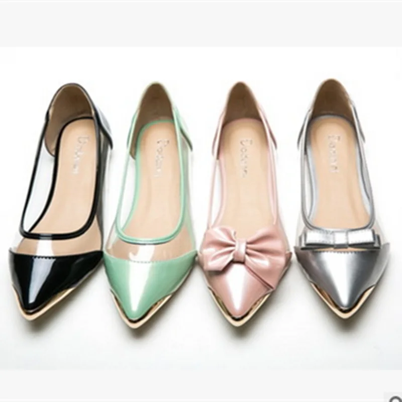 

Ladies Sweet Bow Glitter Plus size(4-9)Transpatent leather Pointed toe cover heels Flats low top Single shoes Women Silver
