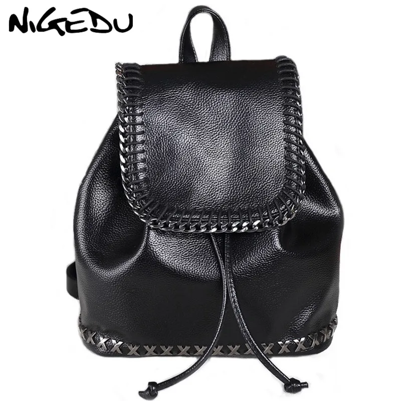 

NIGEDU Brand design Weaving chain Women Backpack Drawstring Backpack for girls teenagers High quality leather Rucksack rivet Bag