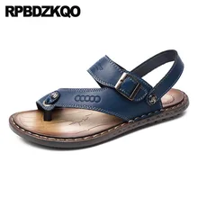 Воздухопроницаемый надевать размер 46 петля для носка большой обувь домашние тапочки коричневый Мужские сандалии кожаное лето синий мода слайды ремень водонепроницаемый