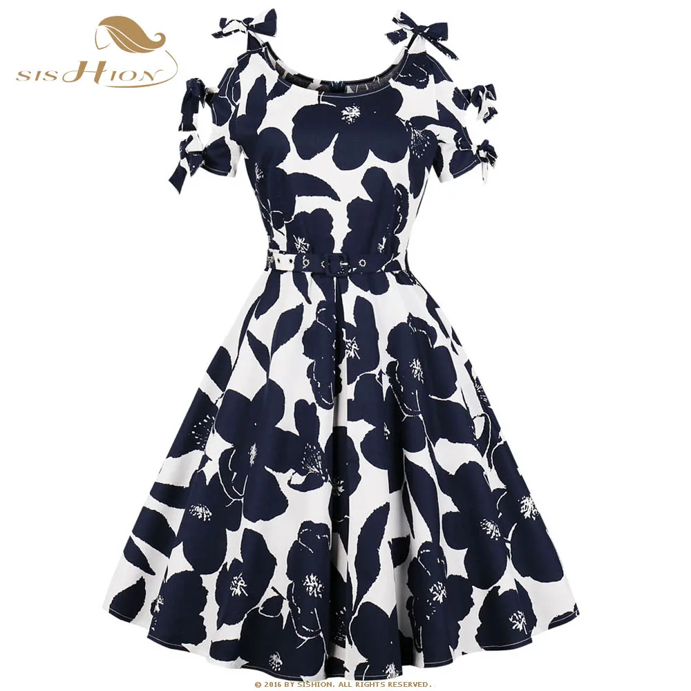 

SISHION Rockabilly Dress Short Sleeve Plus Size Women Clothing White with Blue Floral Print Elegant Cotton Summer Dresses VD0742