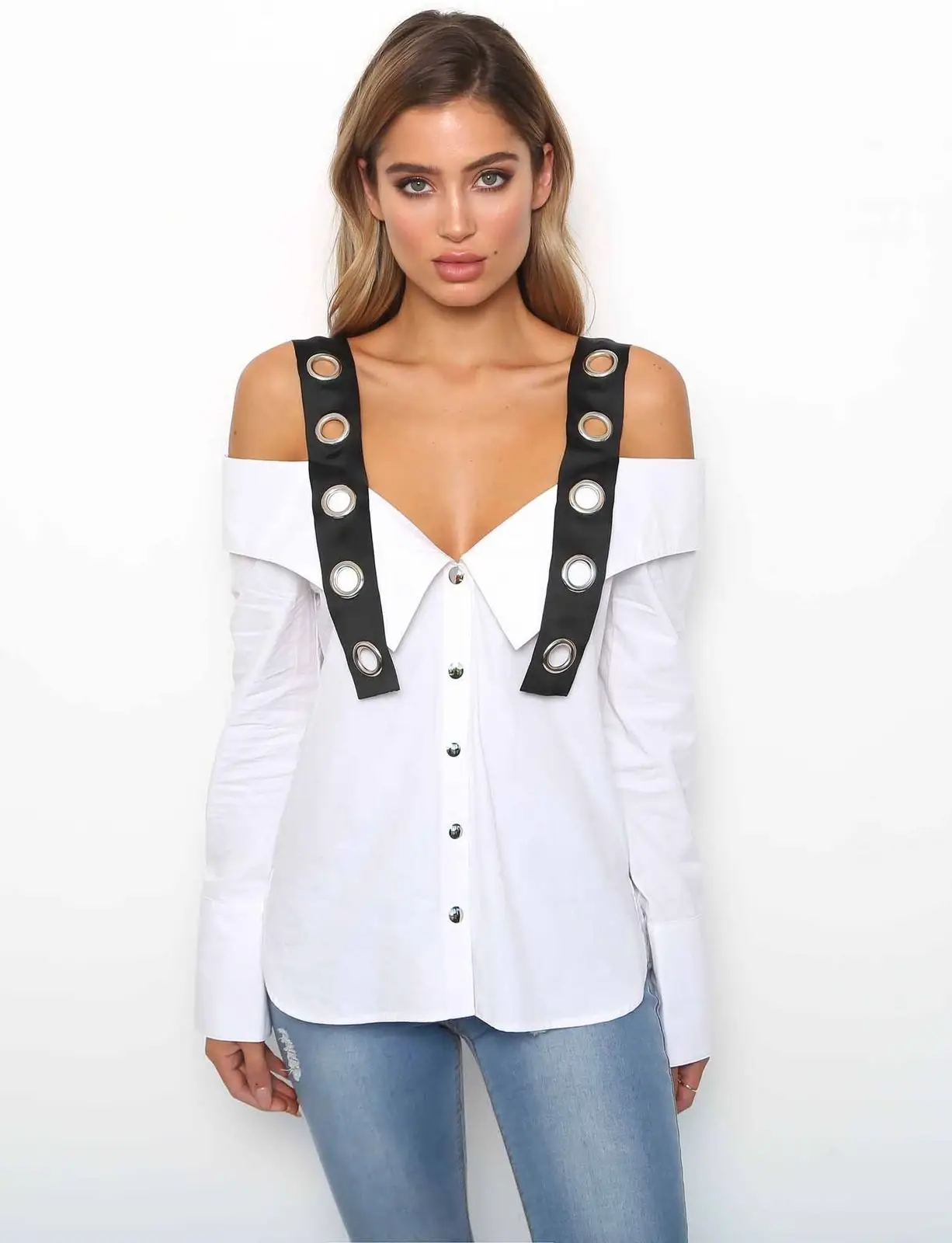 2019 أحدث أزياء المرأة الصيف الأبيض طويل كم Strappy و الباردة الكتف قميص فضفاض عارضة بلوزة قمم