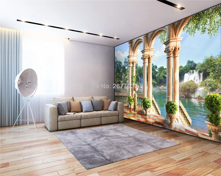 Пользовательские настенные ткани 3D пространство балкон водопад пейзаж римская колонна фото фрески обои гостиная спальня Papel де Parede 3 D