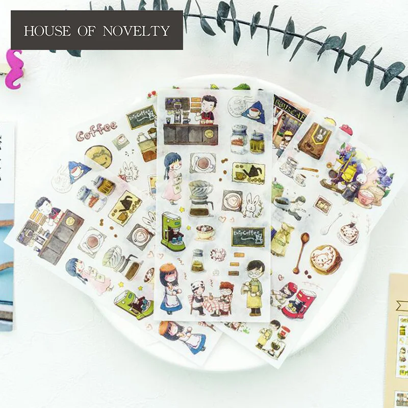 

6 pcs/pack Enjoying Coffee Time Sticker Cartoon Stickers Diary Sticker Scrapbook Decoration PVC Stationery Stickers
