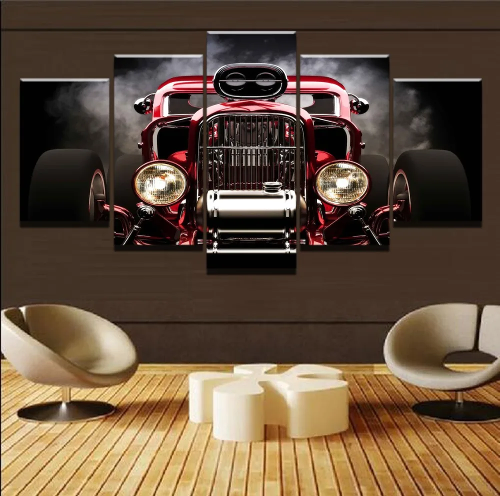 

Canvas Poster Wall Art Home Decor Framework 5 Pieces Red Front View Wheels Modular Car Picture Painting For Living Room HD Print