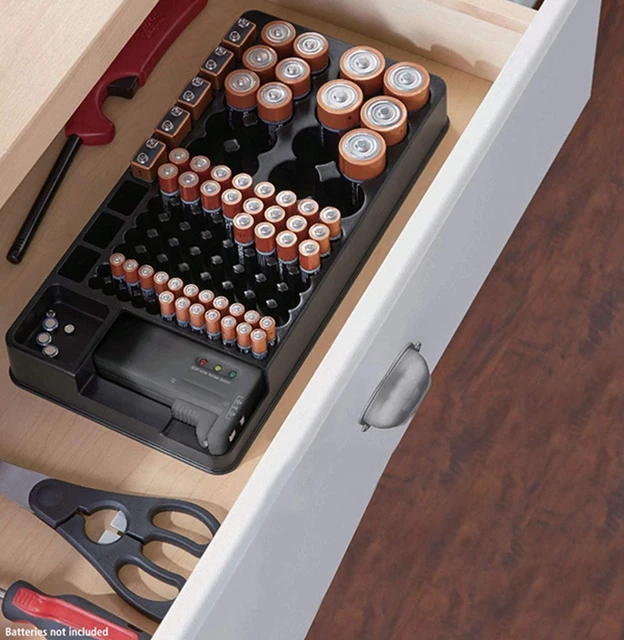 Battery Storage Organizer Holder with Tester - Battery Caddy Rack Case Box  Holders Including Battery Checker For