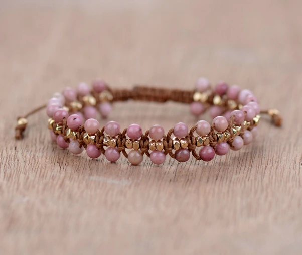 Unique Rhodonite Gold Beads Weaved Bracelets Ossobuzz Unique Rhodonite Gold Beads Weaved Bracelets Ossobuzz
