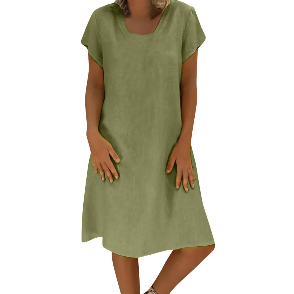 Летние Женские однотонные платья с коротким рукавом Feminino Vestido Футболка женская повседневная из хлопка и льна размера плюс Дамское Платье