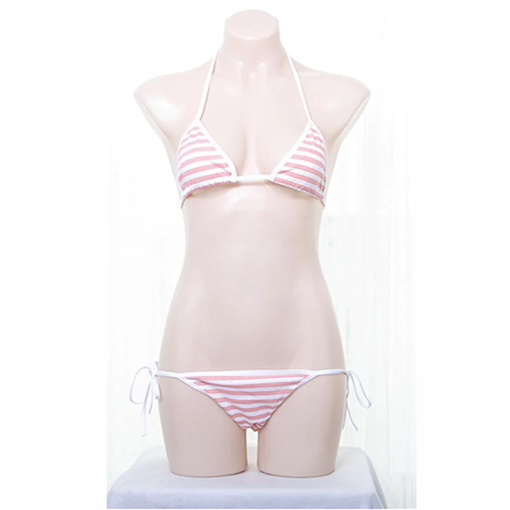 

Women Sexy Bikini Bra Top with G-String Japanese Cosplay Triangle Classic Stripe Split Bikini Swimsuit Halter Neck Bikini Girls