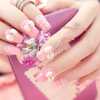 

24pcs/set DIY False Nail with Glue 3D Bow-knot Shining Rhinestones Bride Wedding Nail Art Tips Pink Color Cute Fake Nails