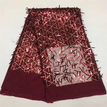 

Wine High Quality African Lace With Sequence 2018 New Sequins French Net Lace High Quality Nigerian 5Yards With Glitter Tassel