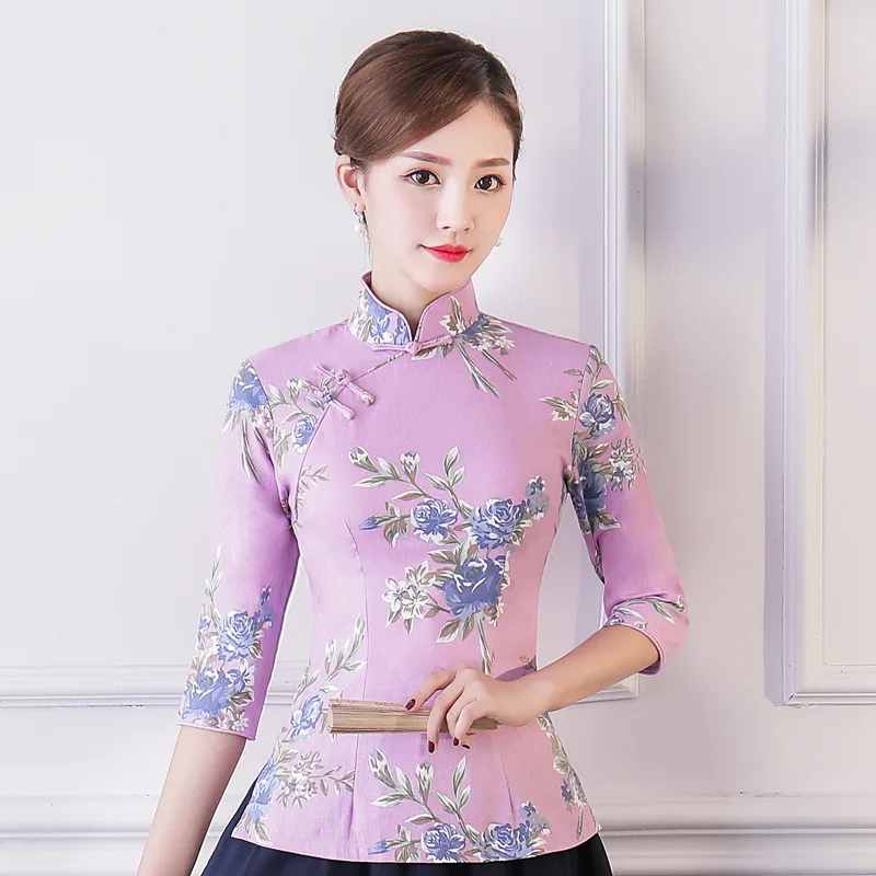 

2018 Summer Shirt Vintage Chinese style Womens Mandarin Collar Blouse Lady Clothing cheongsam Short Qipao Dress Size S-XXXL